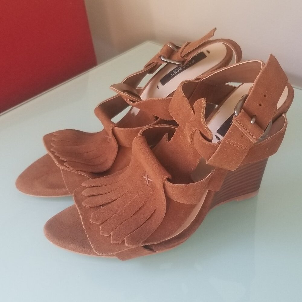 ZARA BROWN SUEDE FRINGE OPEN TOE WEDGE HEELS SIZE 6.5